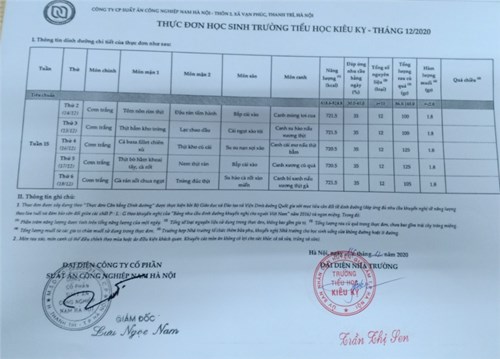 Thực đơn bán trú tuần 15